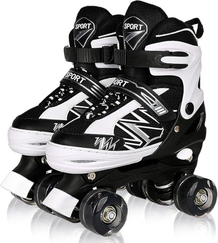 Enfants Patins à roulettes pour Les Filles Enfant débutant, 4 Tailles réglables Patins à roulettes avec la lumière à Roues pour Les Petits Enfants Enfants (Noir Blanc, L)