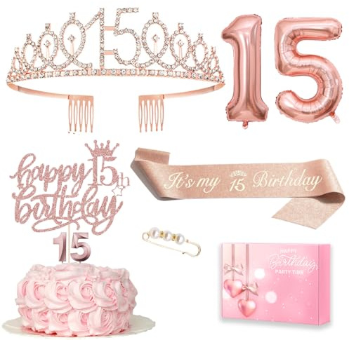 15-årsdag flickdekoration, 15-årsdag Födelsedagskrona och skärp, Happy Birthday-tårtdekoration och ljus, roséguld folieballong 15, födelsedagspresent för 15 år flicka party dekorationstillbehör