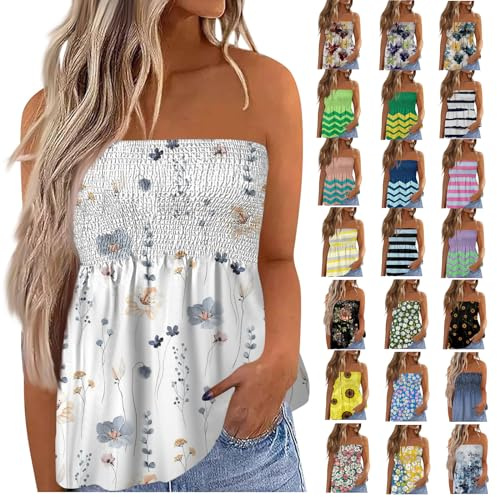 Femmes Bustier Bandeau Tops Sexy Été Debardeur Femme Chic T-Shirt sans Manches À Fleurs Rayures Floral Débardeurs Ample Pas Cher Haut Dos Nu Blouse