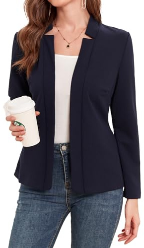 YOUNIFIZ Damen-Blazer, langärmelig, offene Vorderseite, leicht, für Arbeit, Büro, Blazer mit Taschen, blau, M