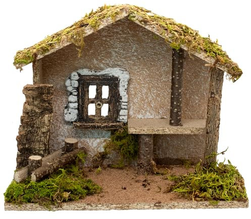 Establo de belén de 8 pulgadas con ventana y techo de musgo | Encantadora creche de mesa para Belén escena de pesebre de Navidad | Decoración tradicional religiosa cristiana para el hogar para