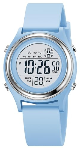 findtime Orologi digitali da donna, impermeabili, con allarme, conto alla rovescia, orologio sportivo per donne e ragazze, retroilluminazione a LED, cinturino in silicone, Azzurro
