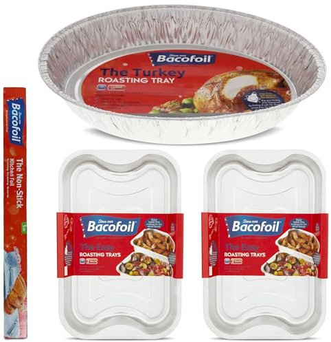 QLV Versatile Baking Tray Set - Includes 1 Turkey Tray, 2 Roasting Trays & Extra Wide Tin Foil - Durable, Non-Stick, Eco-Friendly Foil Trays with Lids for Convenient, Mess-Free Cooking