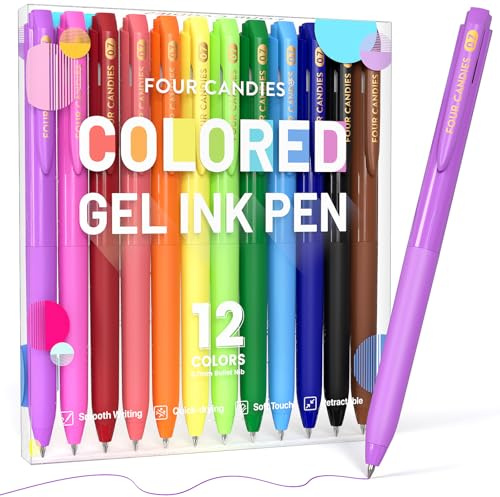 Four Candies Lot de 12 stylos de couleur à encre à séchage rapide, stylos à encre gel rétractables, pointe fine de 0,7 mm pour prise de notes et dessin, stylo à gel coloré avec prise en main