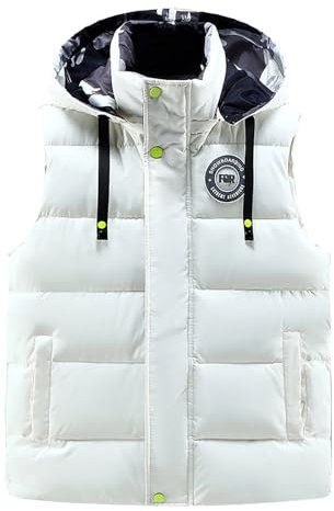 Hybrid Gefütterte Fahrradweste Herren Leichte Softshell Steppweste Dicke Thermo Mit Kapuze Weste Laufweste Ärmellos Fleecejacke,Weiß,XL