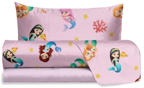 hermet Jolly - Juego de sábanas para Cama Individual con diseño de Sirena, 100% algodón, sábana encimera, sábana Bajera Ajustable y Funda de Almohada, diseño de Dormitorio