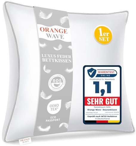 Orange Wave Kopfkissen 50x50cm Federkissen - 3-Kammer Daunenkissen 50x50 Kissen Daunen und Federn Bettkissen, RDS und ÖKO-TEX ergonomisches Schlafkissen – Doppelte Kombination aus Weichheit Stützkraft