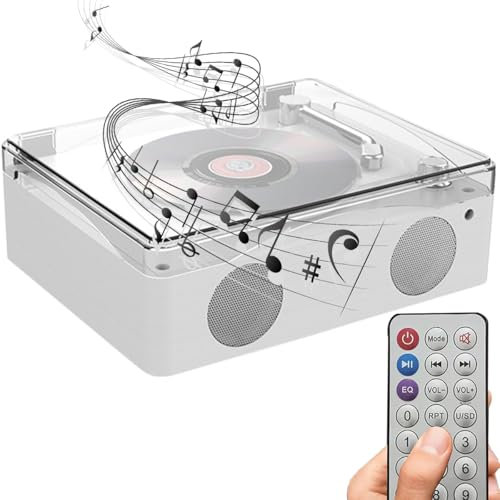 Reproductor de CD versátil, Sistema estéreo Retro Bluetooth Recargable de 2000 mAh con Control Remoto y Cubierta Protectora Transparente, Altavoces incorporados, Reproductor de música de Escritorio