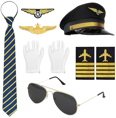 8 stück Pilot Kapitän Kostüm Zubehör, pilotenmütze herren Kit mit Pilot Kapitän Hut Pin Krawatte Abzeichen Schulterriemen Sonnenbrille Fäustling Für Erwachsene Männer Fasching Karneval Party