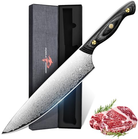 Purple Dragon Cuchillo de Chef Damasco - Cuchillo de Cocina Afilado con Núcleos VG10 - Cuchillo de Chef con Mango Ergonómico de Madera para Verduras, Frutas y Carnes - Regalo para Hombres y Mujeres