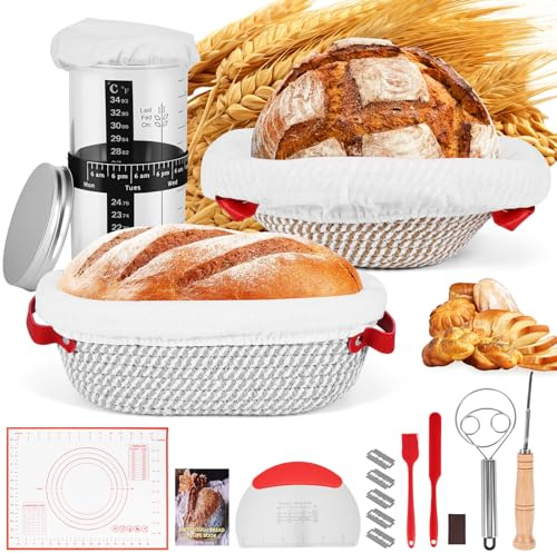 OurLeeme 17Pcs Sourdough Starter Kit, Bread Baking Easy to Fold Washable | Supplies Complete Making Kit, Including 2 Banneton Proofing Basket Glass Jar Home Bakers Enthusiasts Beginners, Making Tools