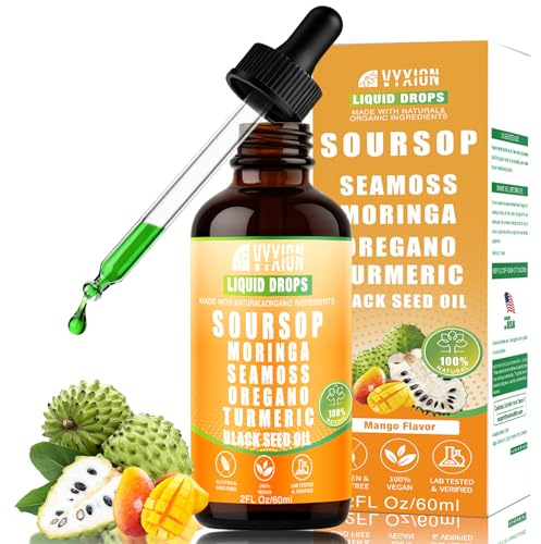 Soursop Bitters Liquid Drops 10 in 1 with Sea Moss, Moringa, Turmeric, Black Seed Oil, Oregano, Ashwagandha | Herbal Extracts for Overall Health-Enhancing | Vegan, Non-GMO | 2 Fl Oz(Mango Flavor)