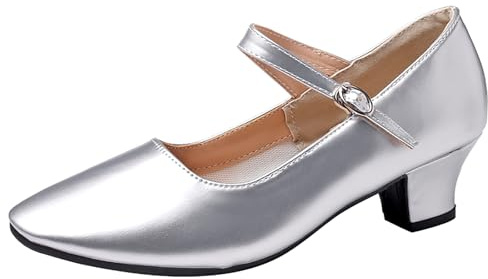 PPXID Women's Ankle Strap Character Shoes Prom Ballroom Dance Pumps for Flamenco Latin Swing Salsa Silver 2 UK