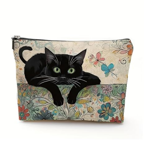 Trousse de Maquillage Chat Mignon Capacité Portable avec Fermeture Éclair Style Amusant Thème du Chat Pochette Toilette Voyage (A)