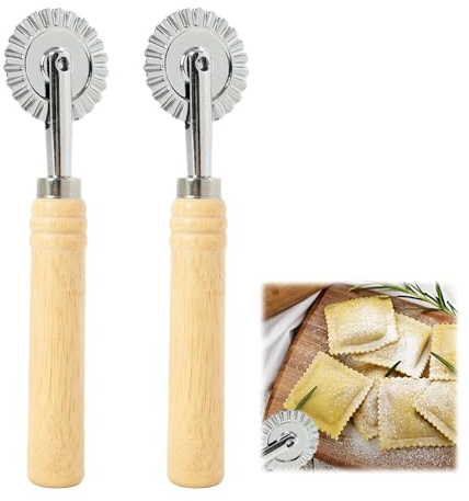 2 ruedas para cortar pasta con hoja estriada, cortador de raviolis y cortador de pizza de aleación de zinc con mango largo de madera para pasta, pizza, pasteles, albóndigas y accesorios de repostería