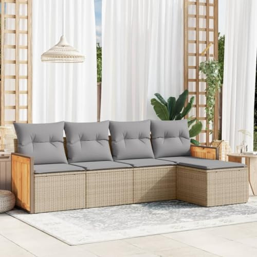 Owoxanthellate Salon de jardin - Beige - 5 pièces - En polyrotin - Avec accoudoirs - Tabouret confortable - Modulaire - Pour balcon, terrasse, jardin et petits groupes de sièges