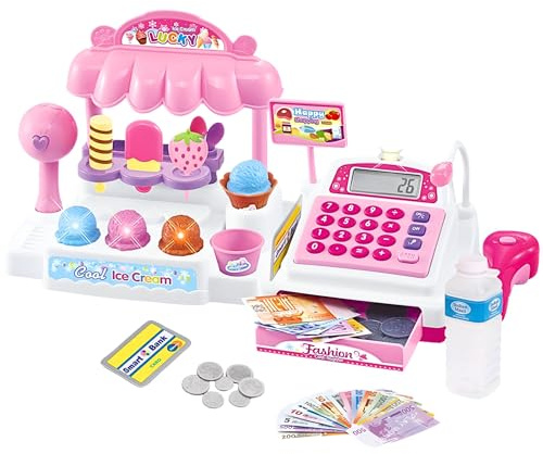 Ice Cream Store Mini Cash Register with Pretend Play Desserts, Working Scanner, Calculator, Microphone, Money and Credit Card