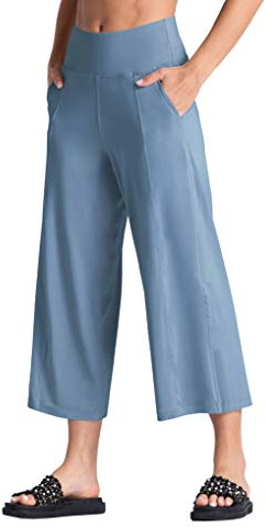 THE GYM PEOPLE Womens' Yoga Capris 3/4 Length Wide Leg Trousers with Pockets Tummy Control High Waist Stretch Workout Cropped Pants,Denim Blue,M