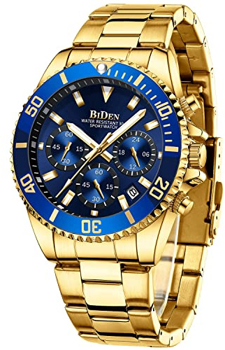Biden Herren-Armbanduhr, Chronograph, Edelstahl, wasserdicht, Datum, analog, Quarzuhr, Business, Freizeit, Mode, Armbanduhren für Herren, Blau A B, Armband