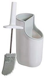 Addis 518672 Premium Toilet Brush & Storage Station Set with deep clean flexible Silicone Toilet Brush with non Slip Long Handle and Anti clog Bristles Quick Drying Holder Set for Bathroom Toilet, White Grey