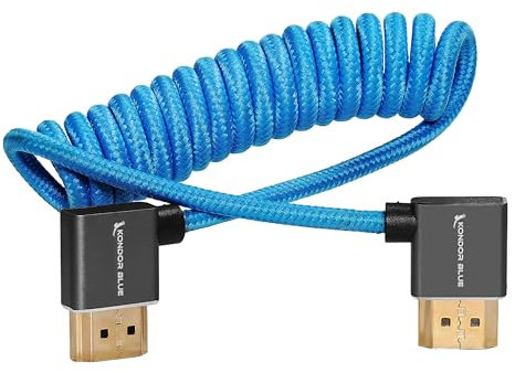 KONDOR BLUE 4K Right Angle HDMI to HDMI Thin Short Coiled Braided Cable for On-Camera Monitors, Capture Cards + More | 4K/60hz | 18Gbps 3D HDR MetaData | 12 ~ 24 Inch | Blue