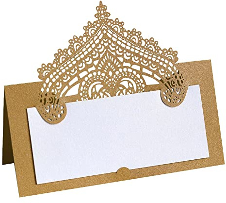 Slakerbe 100 Tarjetas de Lugar Tarjetas Mesa de Encaje 3D Ttarjetas de Lugar de Papel Perlado Tarjeta de Nombre Plegable Decoración de Mesa para Bodas Fiestas de Cumpleaños Bautizos Dorado Oscuro