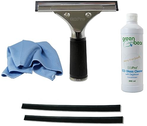 GBPro Professional Window Squeegee Stainless Wiper 15cm / 6 inch + Glass Cleaner 500ml,Fishscale Microfibre Glass Cloth, Machine Cut High Grade Rubber Blade x2