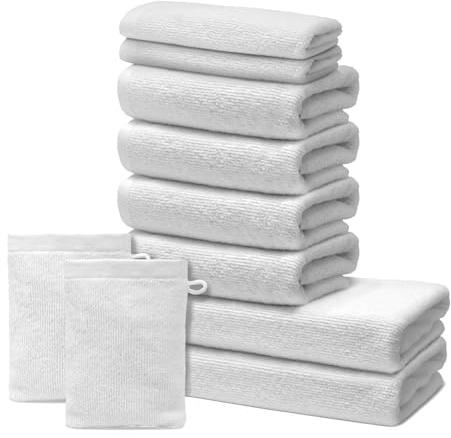 10 er Set Handtücher | 2 Badetücher 70x140cm + 4 Handtücher 50x100cm + 2 Gästehandtücher 30x50cm + 2 Waschlappen 15x20cm | Weich & Flauschig | 100% Baumwolle | 500g/m² | Oeko-Tex | Ôhm | Weiß