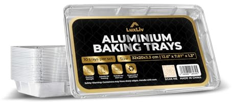 LuxLiv ® Catering Supplies 10 Pack - Disposable Aluminium Foil Baking Trays, Tray Bakes, Containers for Baking, Roasting, Freezing, Storage, Cooking, BBQs, Brownies 32cm x 20cm x 3.3cm