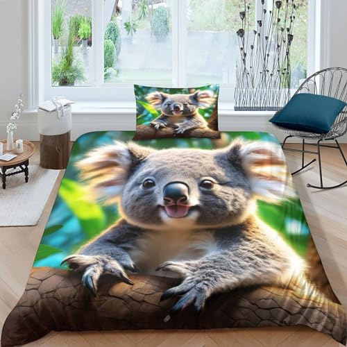 PiyAx Bettwäsche-Set Bettbezug Koala 3D, Mikrofaser-Bettwäsche Superweicher, Atmungsaktiver Bettbezug. (Single(135x200cm))