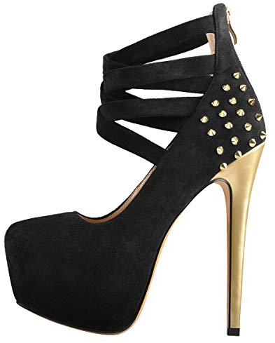 MissHeel Plateau Mary Janes Riemchenpumps Nieten Gold Schwarz Faux Suede EU 44