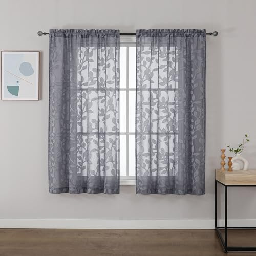 OVZME Grey Sheer Curtains 54 inches Long 2 Panels for Living Room, Jacquard Clip Leaf Pattern Textured Light Filtering Window Semi Sheer Voile Drapes for Bedroom, Each Panel 42 x 54 Inch