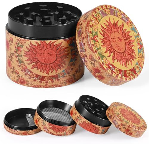 Gelbe Vintage Sun Kräutermühle Grinder - Metall Klein Mahlwerk für Gewürze, Kräuter, Pollen, Vanille mit Pollenschaber (40 mm)