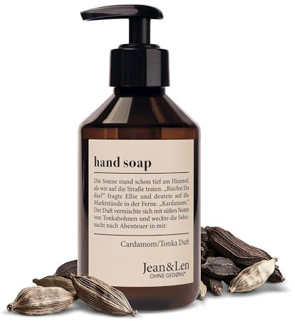 Jean & Len sapone per le mani Cardamomo & Tonka, deterge le mani stressate, adatto per l'uso quotidiano, sapone liquido in dispenser a pompa, fragranza esotica e speziata, vegan, 250 ml