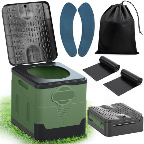 SaiXuan Toilette Portable – 25L Capacité, Supporte Jusqu’à 150KG, WC Portable avec 24 Sacs Jetables, Sac de Transport & Coussin, pour Camping, Randonnée, Camping-Car (Vert Militaire)