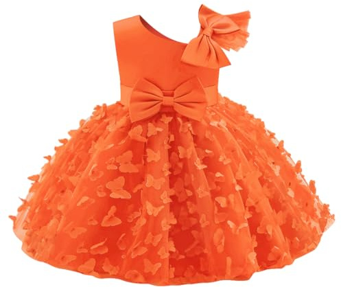 Baby Girls Party Dress Flower Girl Dresses Princess Elegant Butterfly Bowknot Birthday Wedding Christening Gown Toddlers Bridesmaid Sleeveless Mesh Tulle Skirt Orange 18-24M