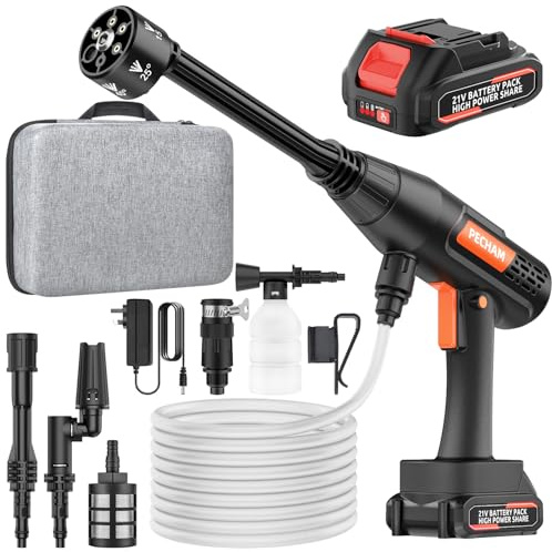 Akku Hochdruckreiniger, Mobiler Hochdruckreiniger mit 4.0Ah Batterie, 6-in-1 Multifunktionale Düse und 5M Anti-Frost-Schlauch, 3 Einstellbare Modi für Autos, Terrasse, Fenste und Gartenreinigung