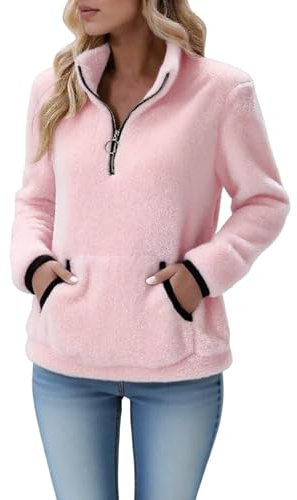 Pull Polaire Femme Hiver Chaud 1/4 Zippée Sweat Sans Capuche Col Camionneur Sweat-Shirts avec Poche Couleur Unie Veste Pilou Pilou Blouson en Peluche Grande Taille Automne Manches Longues Pullover