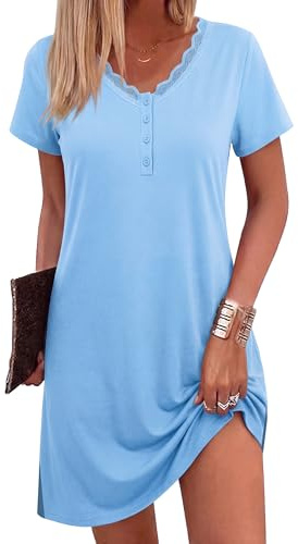 Bresdk Camicia da Notte Donna Cotone Estiva Manica Corta Aperta Davanti con Bottoni Vestaglia Ospedale Scollo a V Pigiama Allattamento Blu S