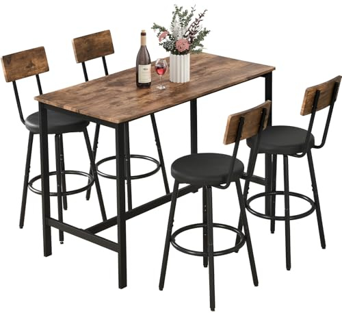 Zevemomo 5-Piece Dining Table Set, Bar Table Set for 4, Kitchen Table and Chairs, Counter Height High Top Table with 4 PU Upholstered Stools, Space-Saving Pub Table Sets for Small Space, Brown & Black