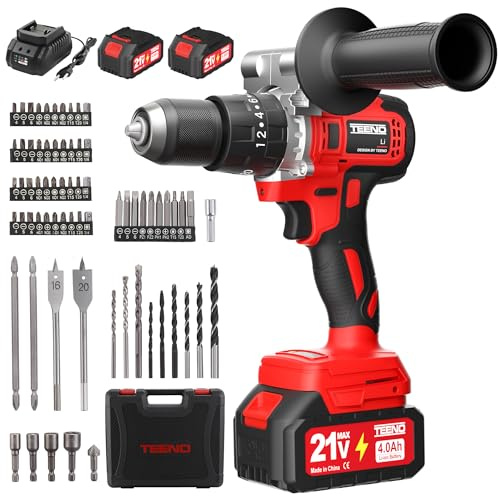 TEENO Taladro Atornillador Inalámbrico para Batería Makita de 21V 2 * 4,0 Ah Baterías,130 Nm Taladro Percutor Bateria,20+3 Configuraciones de Par,2 Velocidades, LED,76 Accesorios y Maletín