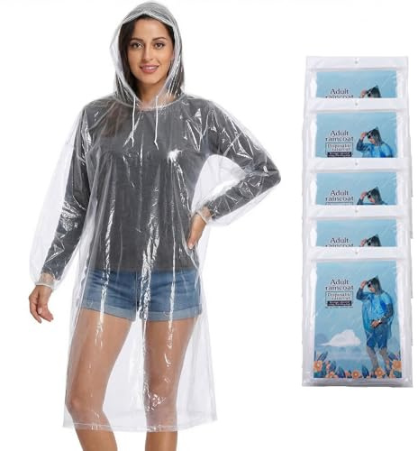 AURALIN Ponchos de lluvia transparentes 5 unidades con capucha y botones | Impermeables compactos talla única para senderismo festivales fútbol camping viajes emergencias y días lluviosos