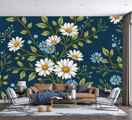 Carta Da Parati Margherite Bianche Foglie Verdi 150L×105Acm Wallpaper Carta Da Parati Murale 3D, Motivo Floreale Retrò Fotomurali Moderni Per Soggiorno E Camera Da Letto,Verde Salvia