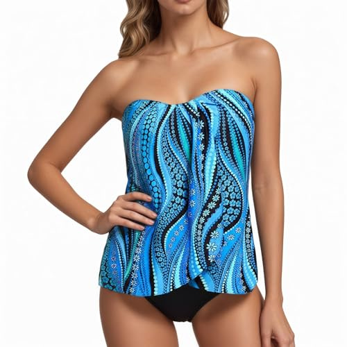 Generisch Tankini sans bretelles pour femme - Maillot de bain bandeau deux pièces - Push up avec maillot de bain réglable - Taille haute - Maillot de bain - Coupe ample - Débardeur simple