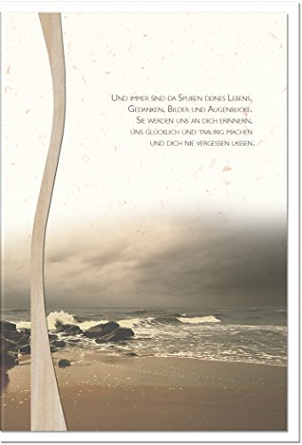 metALUm XXL Trauerkarte A4 Doppelkarte Klappkarte ohne Innentext mit weißem Umschlag – Motiv Meer und Zitat „Und immer sind da Spuren deines Lebens“