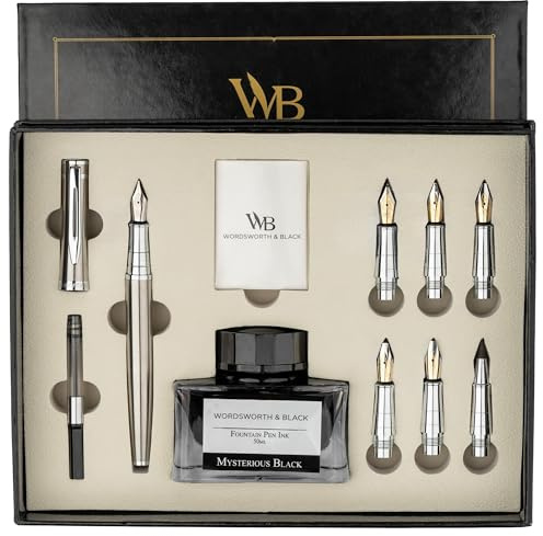 Wordsworth & Black Caligrafía Pen Gift Set, Incluye botella de tinta, 6 cartuchos de tinta, 1 convertidor, 6 plumas de recarga, paquete de primera calidad, Diario, [Plata Cromo]
