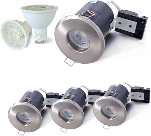 4XSweier 90 Minute Fire Rated LED Spotlights,5W 3000K Warm White IP65 Waterproof Bathroom LED Recessed Ceiling Lights,230V GU10 Downlight,Cut-Out 75mm. Satin Nickel(Non-dimmable)