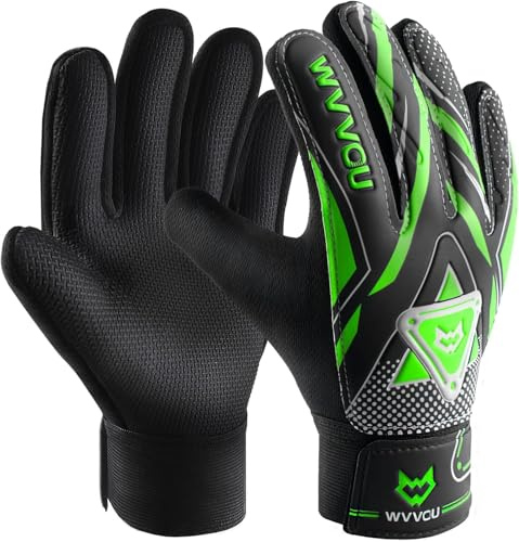 WVVOU Kids Junior Goalkeeper Gloves, Boys and Girls Football Gloves with Double Wrist Protection and Non-slip Wear Resistant Latex Material (6, Green)