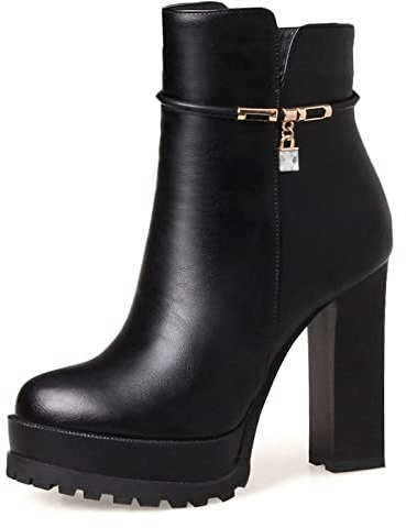 Bviennic Mujer Moda Punta Redonda Tacón Alto Plataforma Botines Vestido Invierno Fiesta Warm Elegante Chunky Botines Negro/Block Talla 36 Eu