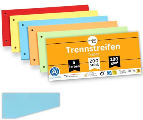 perfect line - 200 Trennstreifen für Ordner A4, Trennblätter aus Recycling-Karton, Trapez-Form, 5 Farben, 2 fach gelocht, Made in Germany, Blauer Engel zertifiziert